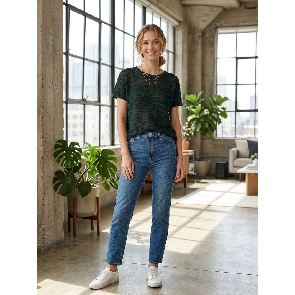 Uniqlo Ines De La Fressange Dark Green Linen Blend Sheer Knit Sweater XS 426713